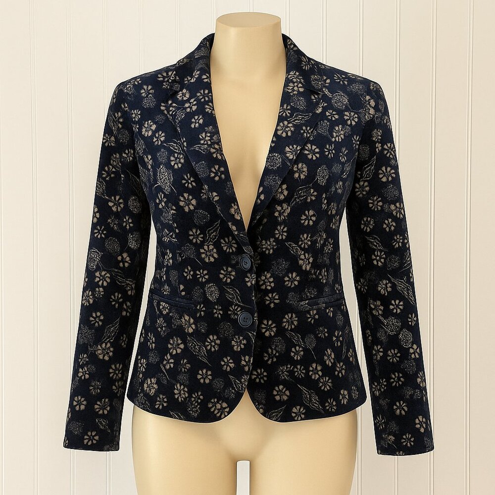 Carolina Belle Montréal Women’s Velvet Floral Blazer Jacket Size M Navy Blue Sil